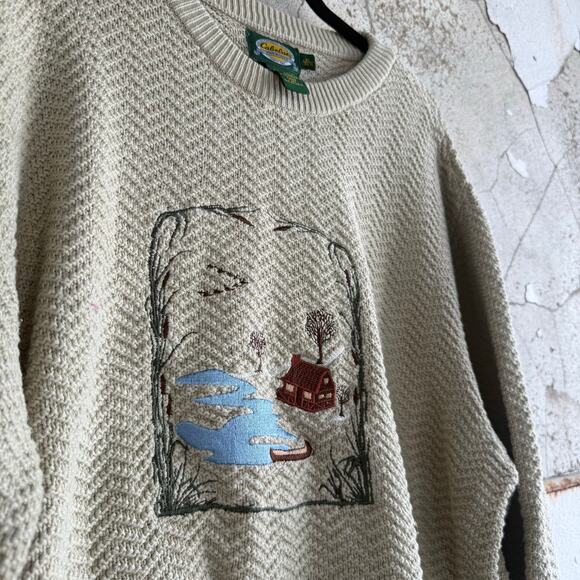 Vintage Sweater Womens XL 90s Herringbone Knit Snowy Cabin Embroidered Logdecore - Picture 5 of 7